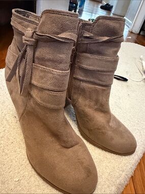 Soda Taupe Suede Ankle Boots with Wrap Tie Detail